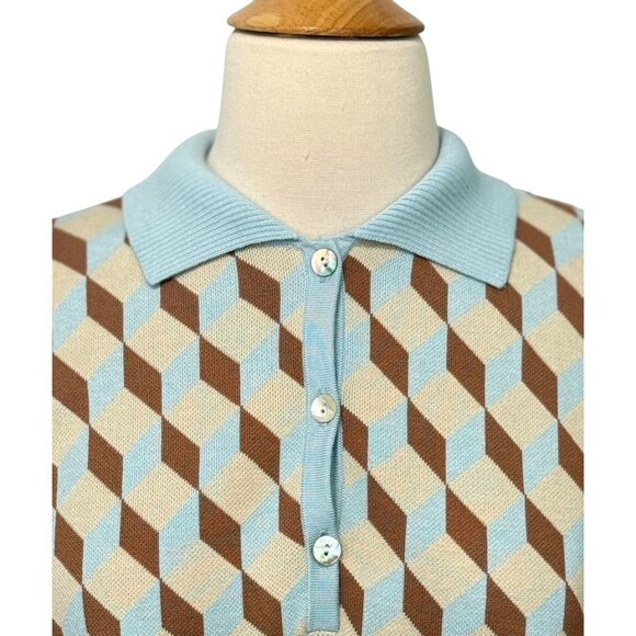 Tuckernuck Clayton Knit Polo Top Light Blue Tan Retro Boxy 3/4 Sleeve Size XS/S - Picture 2 of 8
